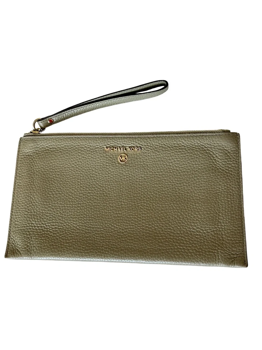 Michael Kors Olive Large Pebbled Leather Wristlet Clutch Gold Tone NWOT